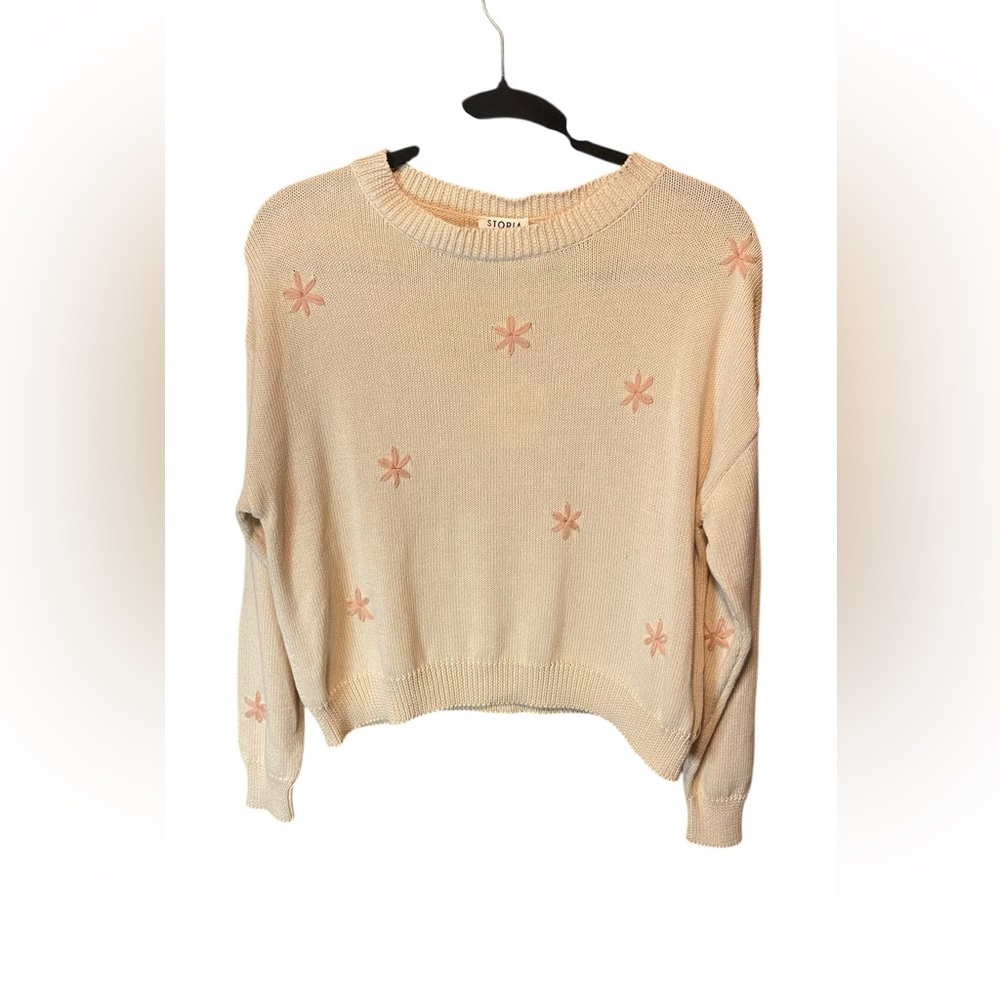 Storia Embroidered Floral Knit Sweater Cream Peach Cropped NWT Small